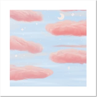 Aesthetic Pink fluffy clouds with stars Posters and Art